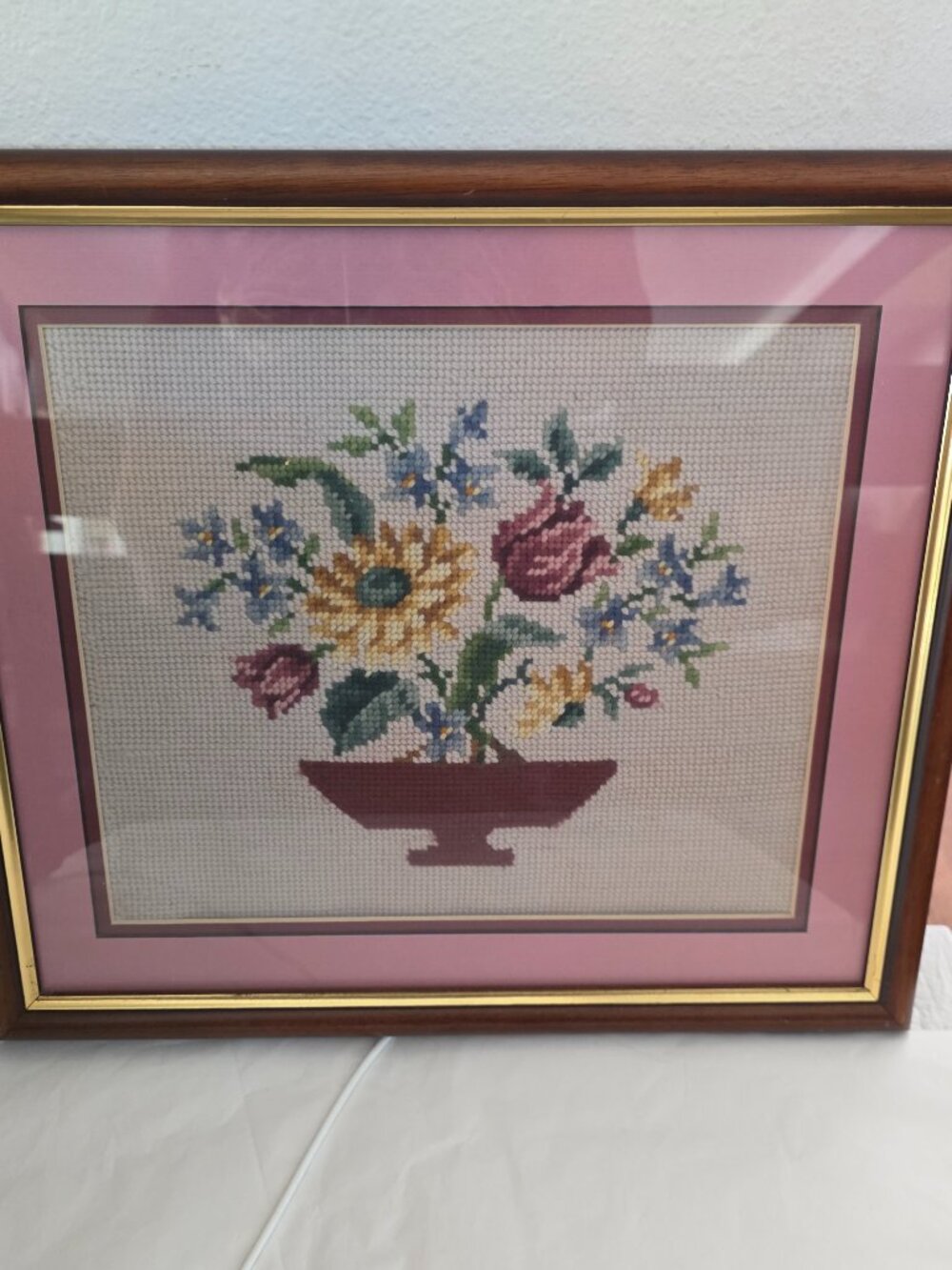 Vtg Framed Floral Hand Stitched Textile Art Bouquet